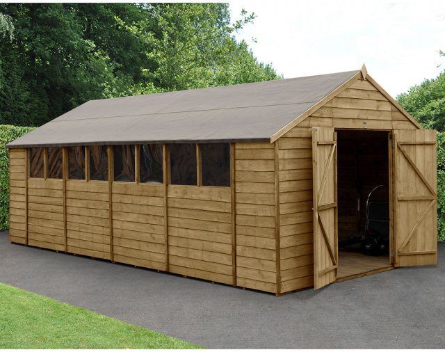 10 x 20 Forest Overlap Apex Workshop Shed - Pressure Treated - angled shed with door open