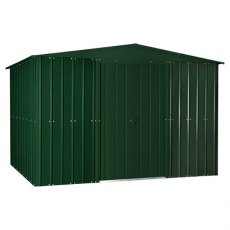 Isolated view of 10 x 12 Lotus Apex Metal Shed in Heritage Green with sliding doors closed