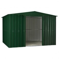 Isolated view of 10 x 12 Lotus Apex Metal Shed in Heritage Green with sliding doors open