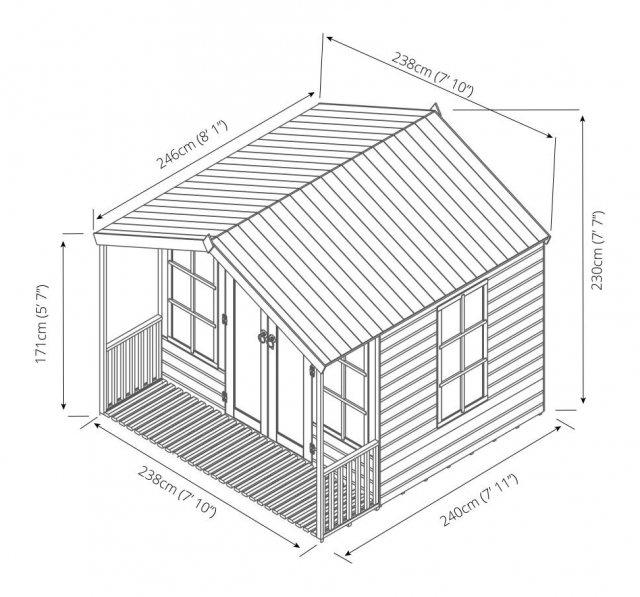 8 x 8 Mercia Premium Traditional T&G Summerhouse with Veranda - dimensions diagram
