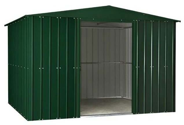 Isolated view of 10 x 12 Lotus Apex Metal Shed in Heritage Green with sliding doors open