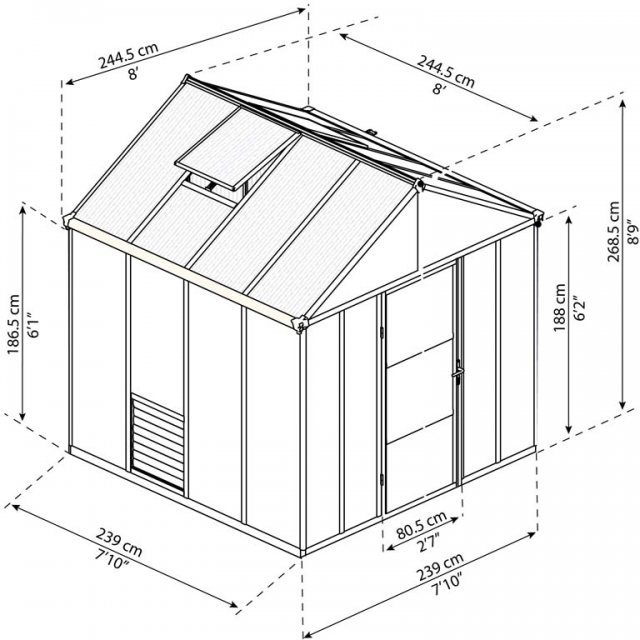8 x 8 Palram Glory Greenhouse in Anthracite - dimensions